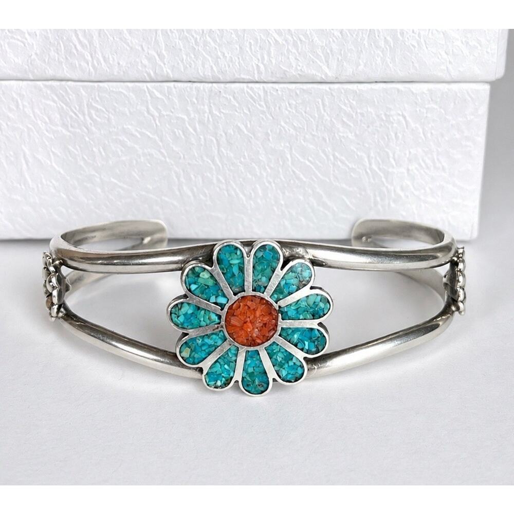 VTG Zuni Inlay Turquoise Coral Sterling Silver Cuff Bracelet Flower Southwestern